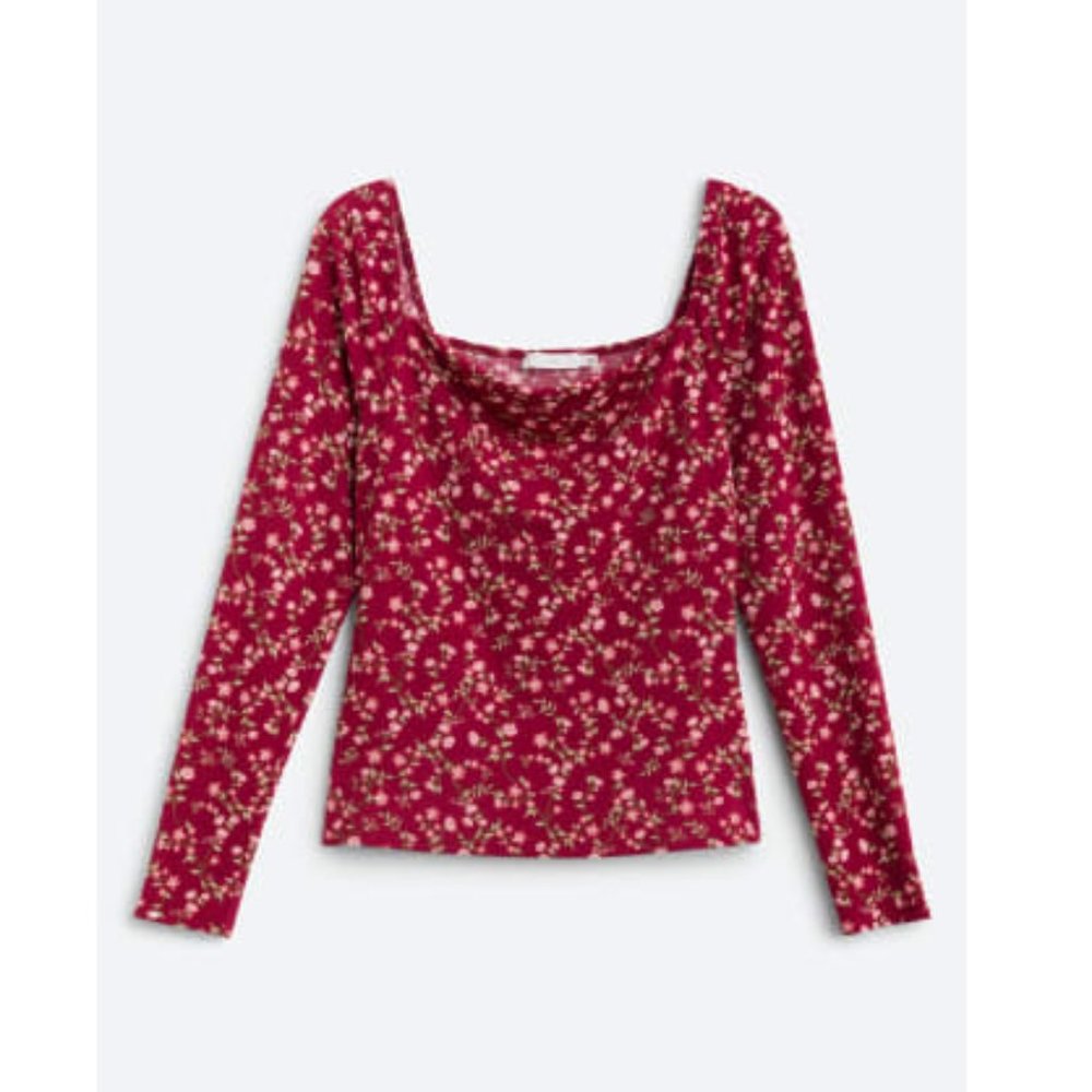 NWOT Lush Ellie Square Neck Long Sleeve Stitch Fix Red Floral Shirt Size L